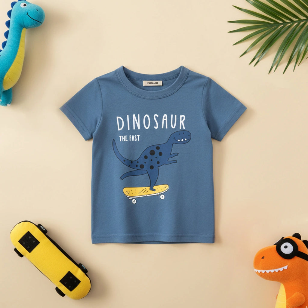 Boys Blue Dinosaur Printed Short Sleeves T-shirt Tshirts Blue 1-2 Y