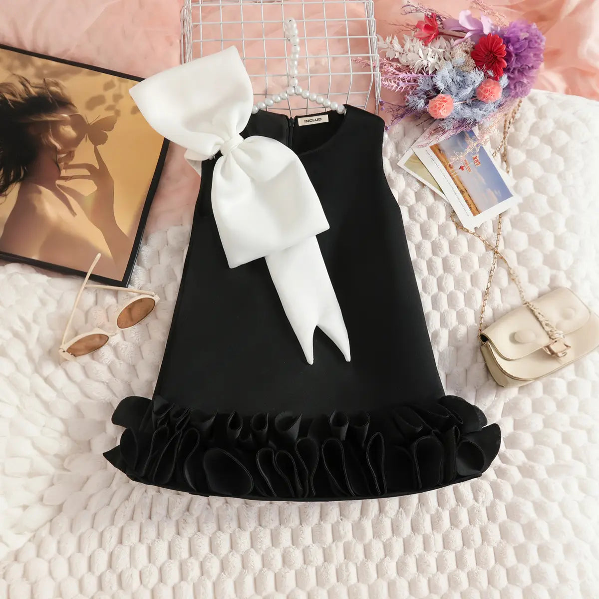 Girls Black Sleeveless A-line Party Wear Dress With Bow Applique Party Dresses Black 2-3 Y