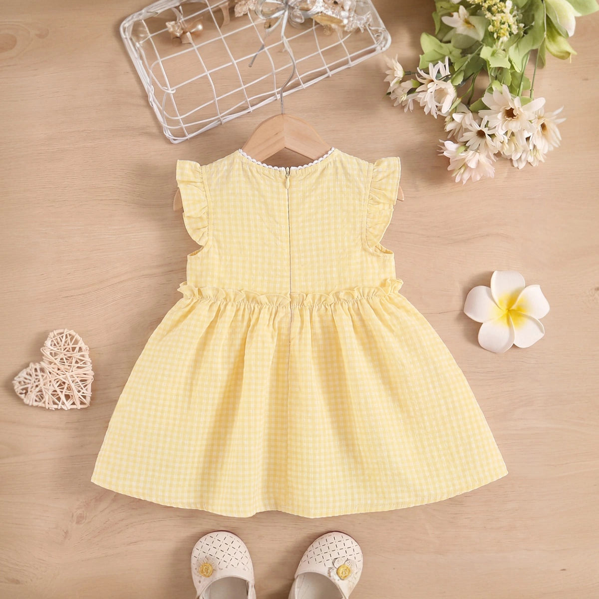 Girls Yellow Floral Embroidered Flutter Sleeve A-line Dress Casual Dresses