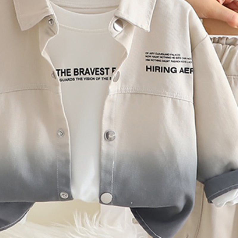 Boys Beige Typographic Printed Shacket With T-Shirt and Pants Set 3 pc. Sets