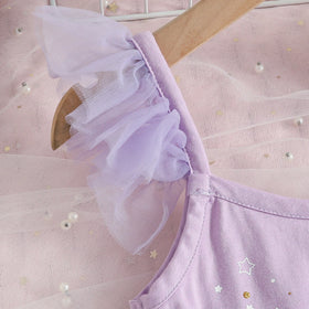 Girls Purple Graphics Crop Top With Tulle Ruffles Skirts Set Sets