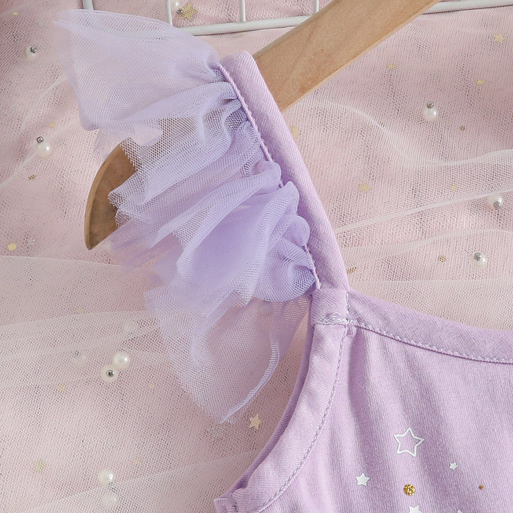 Girls Purple Graphics Crop Top With Tulle Ruffles Skirts Set Sets