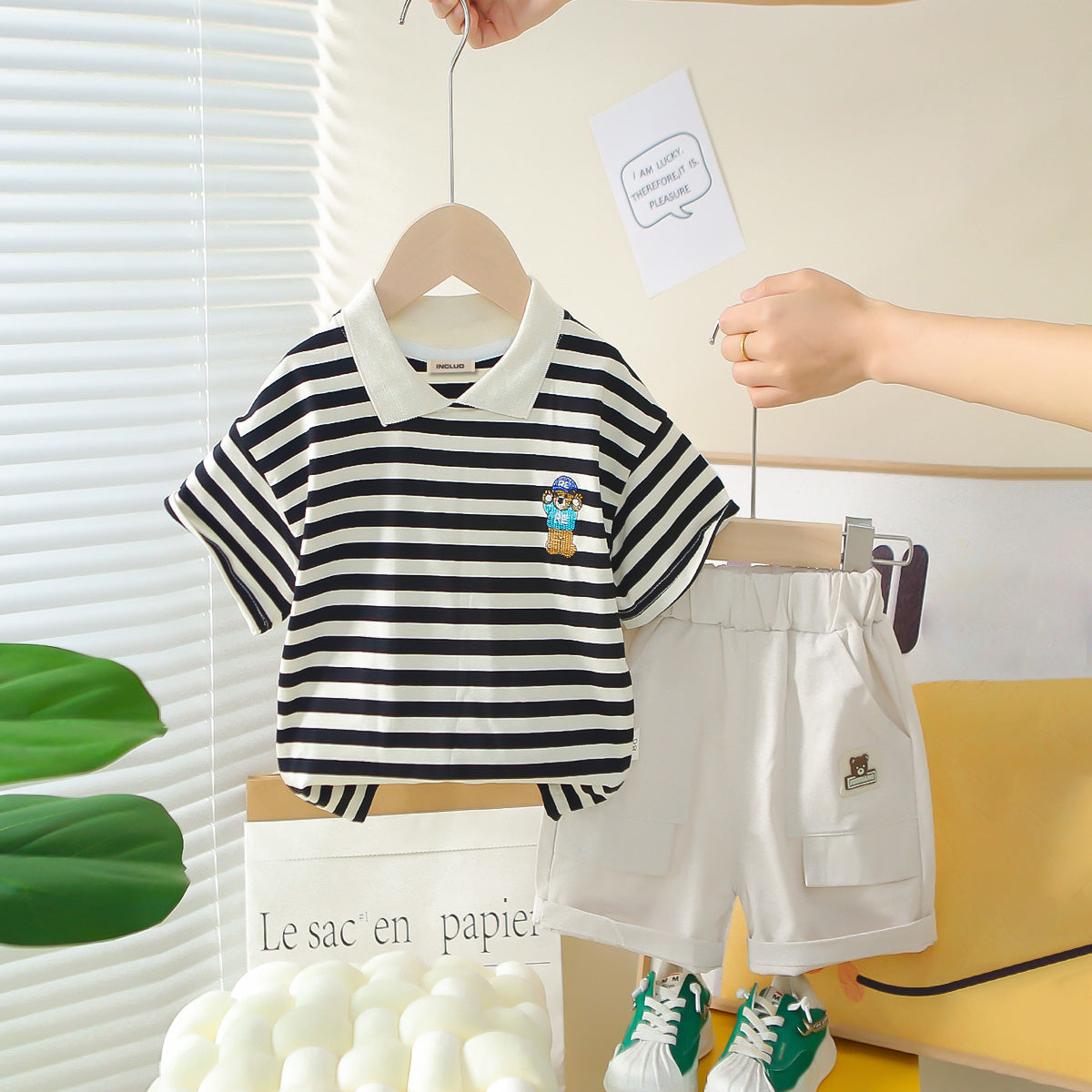 Boys Black Horizontal Striped Polo T-Shirt With Shorts Set 2 pc. Sets Black 1-2 Y