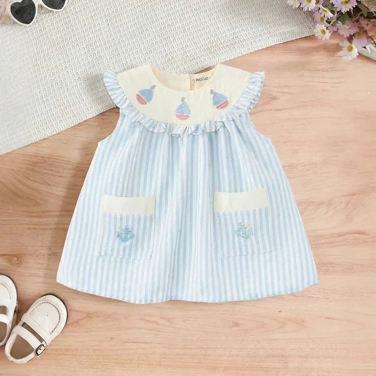 Girls Light Blue Stripes Sleeveless A-line Dress With Seaboat Embroidery Casual Dresses Light Blue 1-2 Y