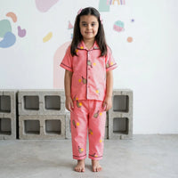 Girls Pink Printed Short Sleeve Shirt With Printed Pyjama Sets Sets Pink 6-9 M