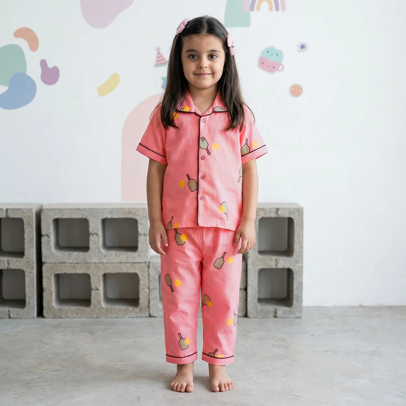 Girls Pink Printed Short Sleeve Shirt With Printed Pyjama Sets Sets Pink 6-9 M