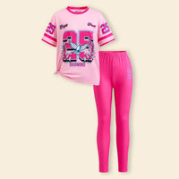 Girls Pink Graphics Printed T-Shirt With Legging Sets Sets