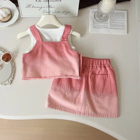 Girls Pink Denim Vest With Sleeveless Top And Denim Skirt Sets 3 pc. Sets