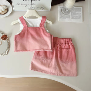 Girls Pink Denim Vest With Sleeveless Top And Denim Skirt Sets 3 pc. Sets