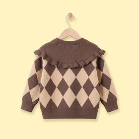 Girls Brown Diamond Jacquard Long Sleeve Cardigan Sweaters & Cardigans