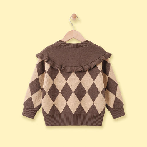 Girls Brown Diamond Jacquard Long Sleeve Cardigan Sweaters & Cardigans