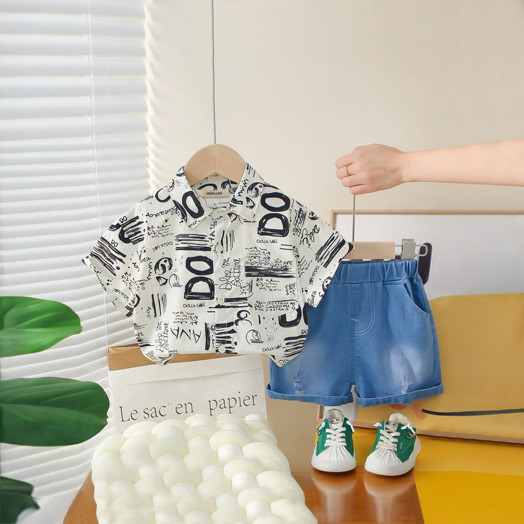 Boys Black Abstract Printed Short Sleeves Shirt With Denim Shorts Set 2 pc. Sets Black 1-2 Y