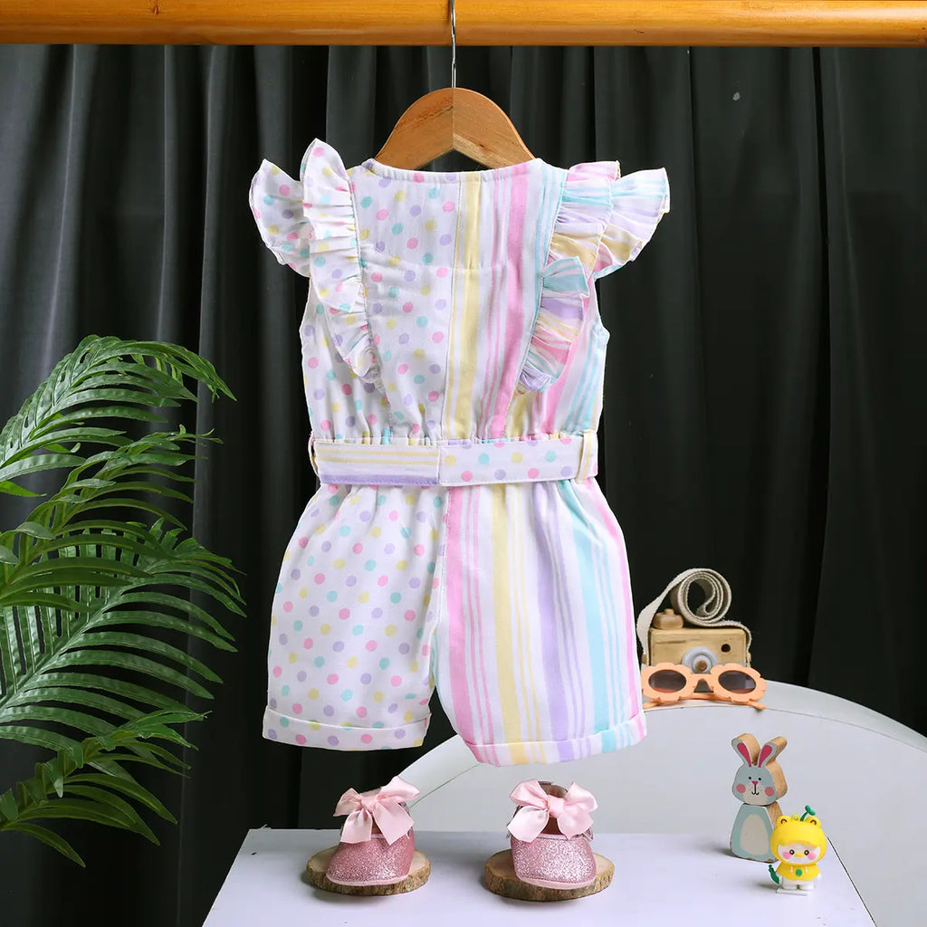 Girls Multicolor Polka Dot Print Romper With Flutter Sleeves Jumpsuits