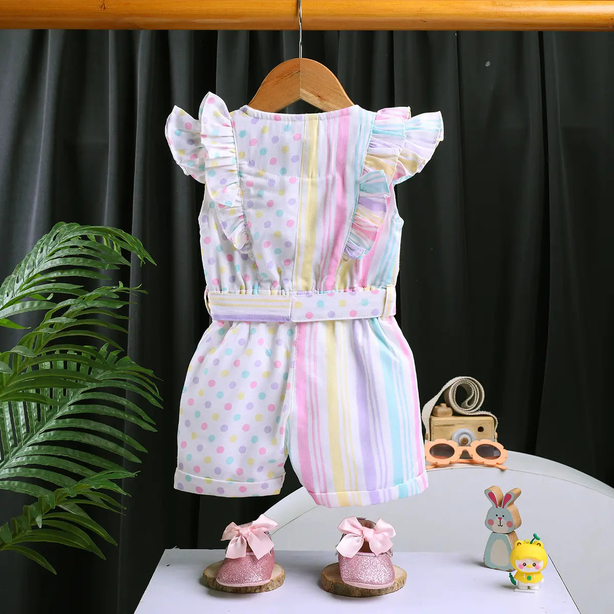 Girls Multicolor Polka Dot Print Romper With Flutter Sleeves Jumpsuits