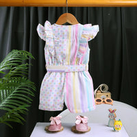 Girls Multicolor Polka Dot Print Romper With Flutter Sleeves Jumpsuits