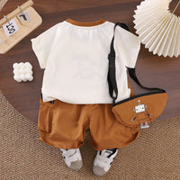 Boys Graphic Printed T-Shirt With Khaki Sling Bag And Cargo Shorts Set Sets