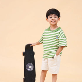 Boys Green Horizontal Striped Polo T-Shirt With Shorts Set 2 pc. Sets Green 1-2 Y