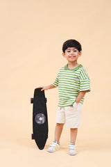 Boys Green Horizontal Striped Polo T-Shirt With Shorts Set