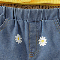 Girls Yellow 3D Flower applique Sleeveless Cami Top With Printed Denim Shorts Sets 2 pc. Sets