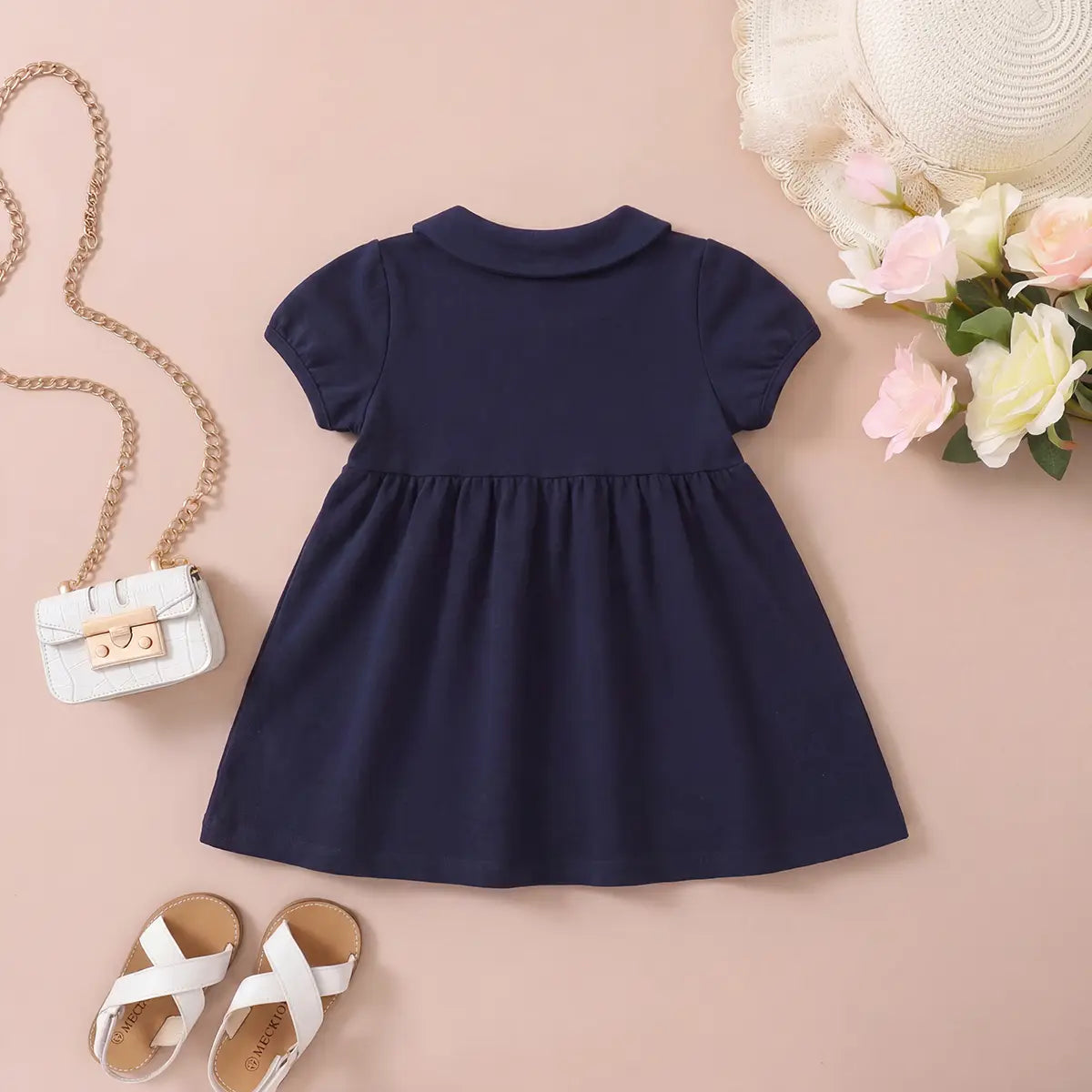Girls Navy Blue Cherry Applique Puff Sleeve A-Line Dress Casual Dresses