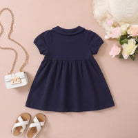 Girls Navy Blue Cherry Applique Puff Sleeve A-Line Dress Casual Dresses