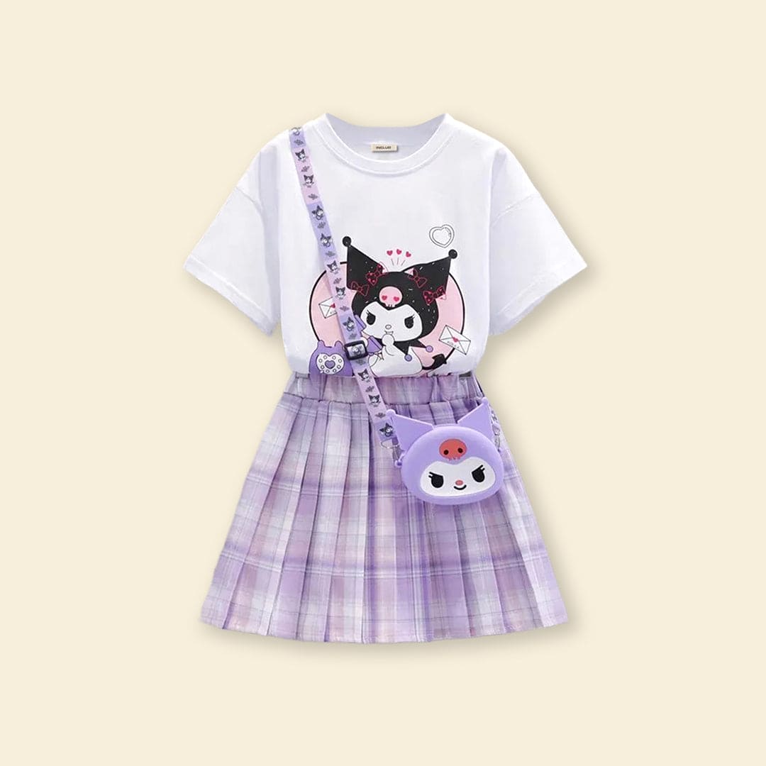 Girls Printed T-Shirt With Checkered Print Skirt Sets Purple 4-5 Y