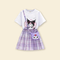 Girls Printed T-Shirt With Checkered Print Skirt Sets Purple 4-5 Y
