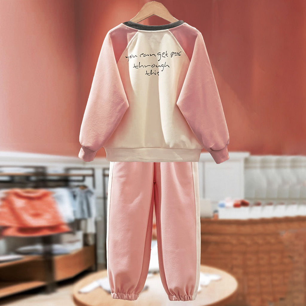 Girls Pink Graphics Printed Raglan Sweatshirt With Elasticated Joggers Sets 2 pc. Sets