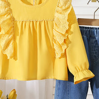Girls Yellow Long Sleeve Top With Denim Pants Sets 2 pc. Sets