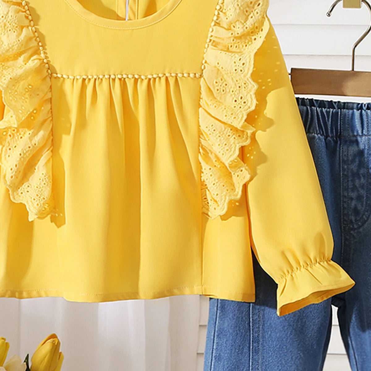 Girls Yellow Long Sleeve Top With Denim Pants Sets 2 pc. Sets