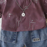 Boys Brown Typographic Printed Short Sleeves T-Shirt With Denim Shorts Sets 2 pc. Sets