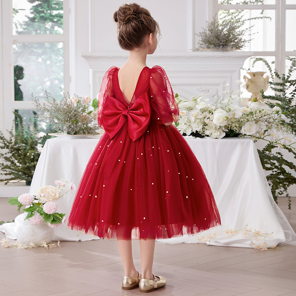 Girls Red Tulle Party Wear Dress With Pearls Stitch – INCLUD