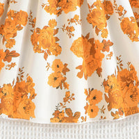 Girls Orange Floral Print Fit & Flare Dress With Satin Belt Casual Dresses
