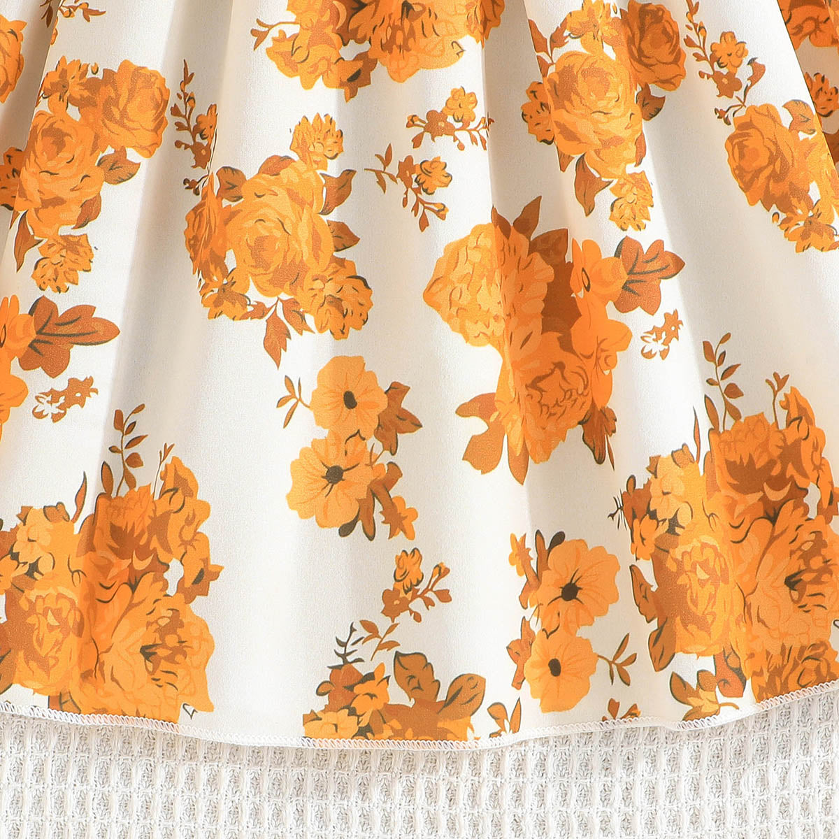 Girls Orange Floral Print Fit & Flare Dress With Satin Belt Casual Dresses