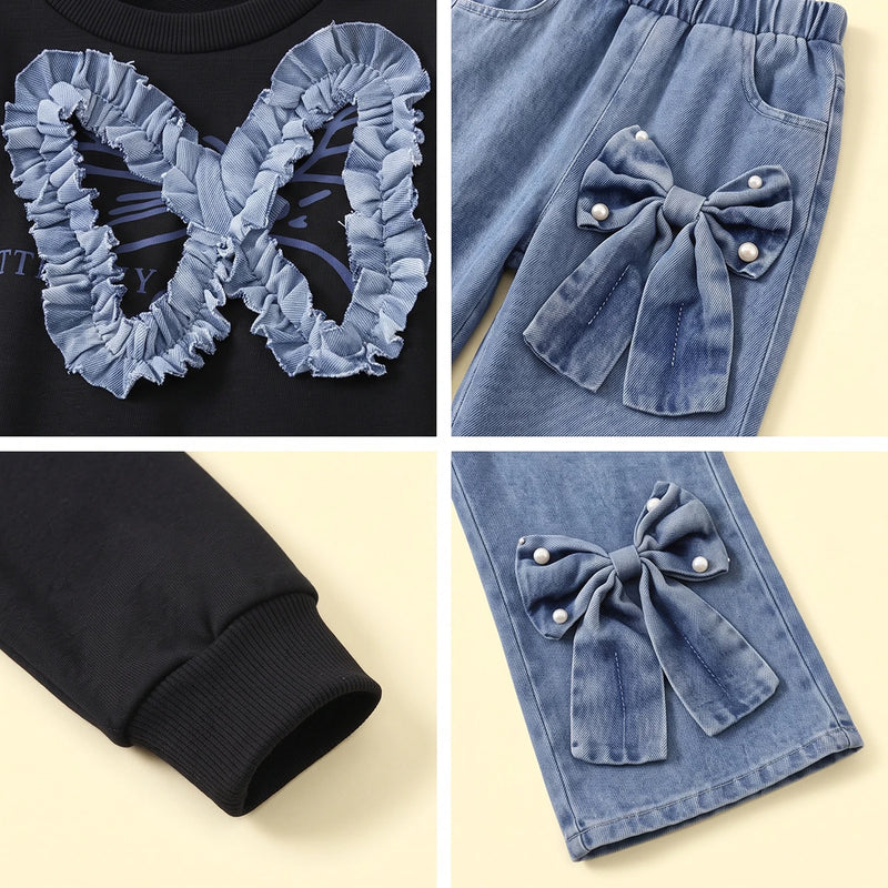 Girls Black Butterfly Long Sleeve Sweatshirt With Denim Pants Sets 2 pc. Sets