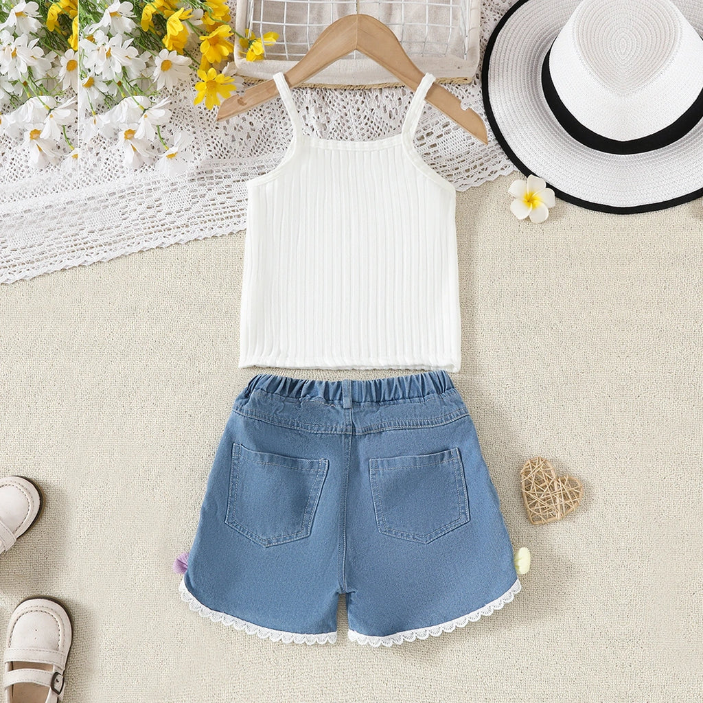 Girls White Floral Applique Top With Denim Shorts Sets Sets