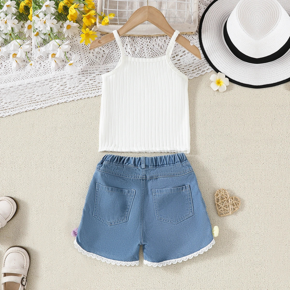Girls White Floral Applique Top With Denim Shorts Sets Sets