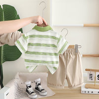 Boys Green Striped Polo T-shirt with Khaki Shorts Set Sets