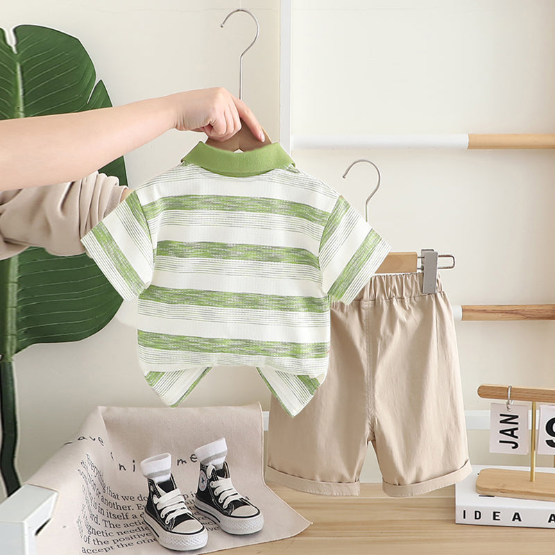 Boys Green Striped Polo T-shirt with Khaki Shorts Set Sets