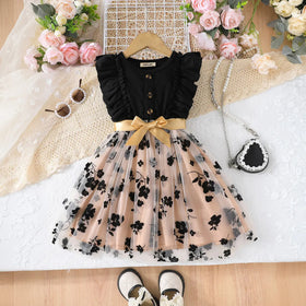 Girls Black Floral Pattern Tulle-overlay Fit & Flare Dress Casual Dresses Black 3-4 Y
