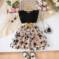 Girls Black Floral Pattern Tulle-overlay Fit & Flare Dress Casual Dresses Black 3-4 Y