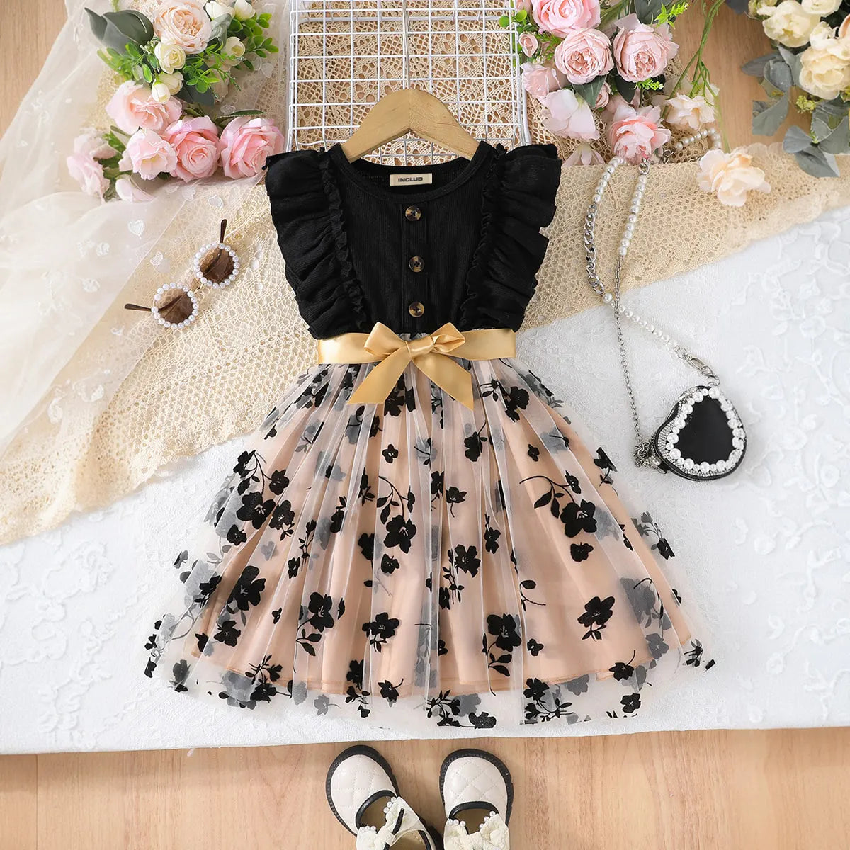 Girls Black Floral Pattern Tulle-overlay Fit & Flare Dress Casual Dresses Black 3-4 Y