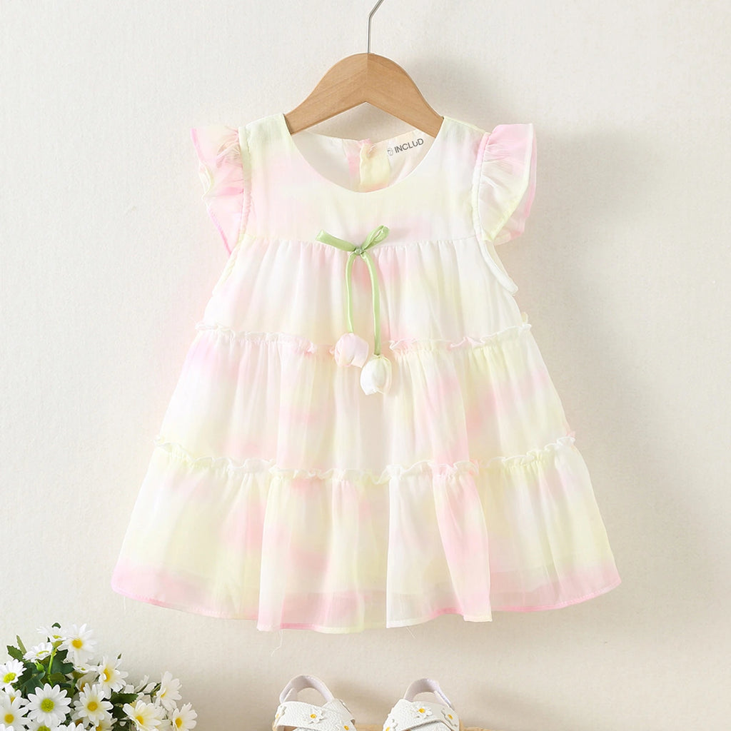 Girls White Printed Layered Dress With Tulip Applique Casual Dresses White 1-2 Y