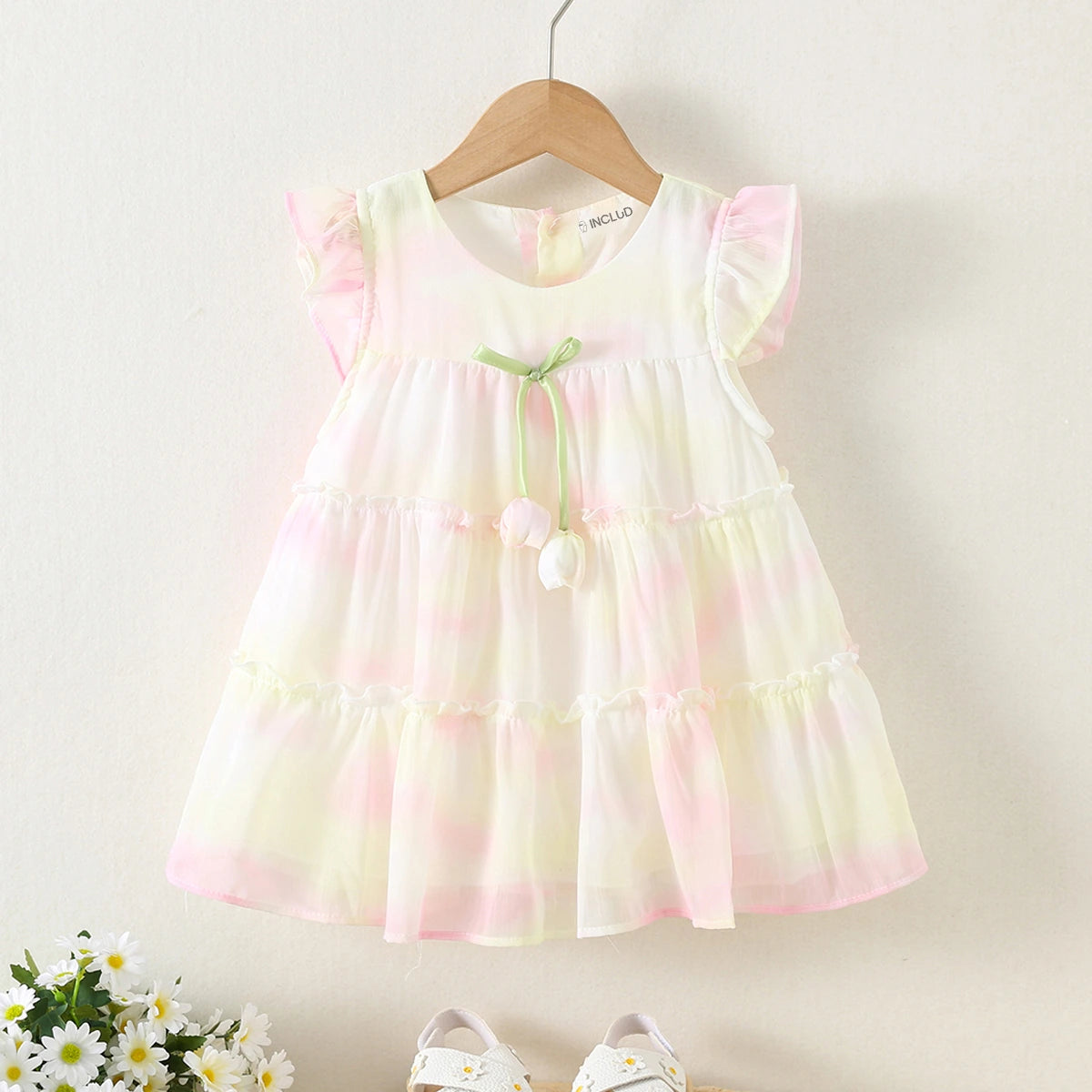 Girls White Printed Layered Dress With Tulip Applique Casual Dresses White 1-2 Y