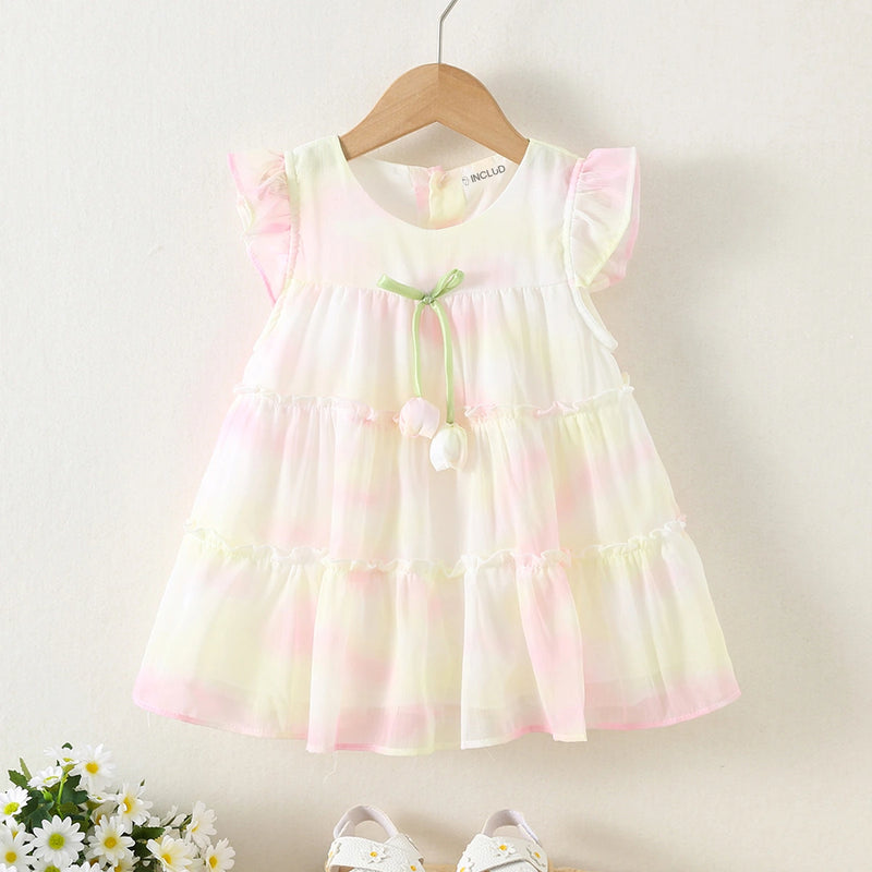 Girls White Printed Layered Dress With Tulip Applique Casual Dresses White 1-2 Y