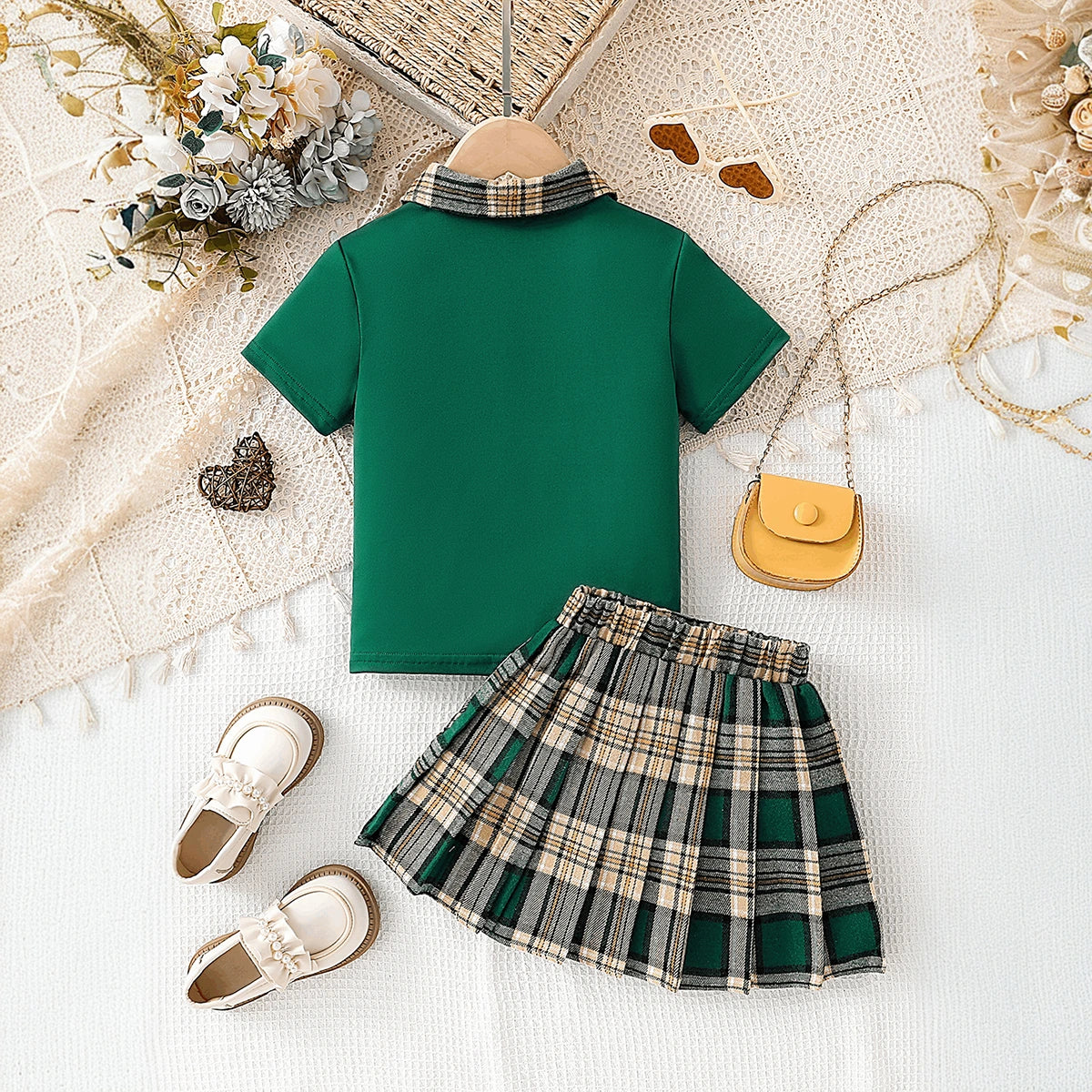 Girls Dark Green Short Sleeve Polo Top With Checked Skirt Sets 2 pc. Sets