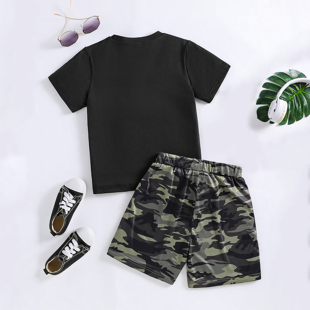 Boys Black Short Sleeve Camouflage Printed T-Shirt With Shorts Set 2 pc. Sets