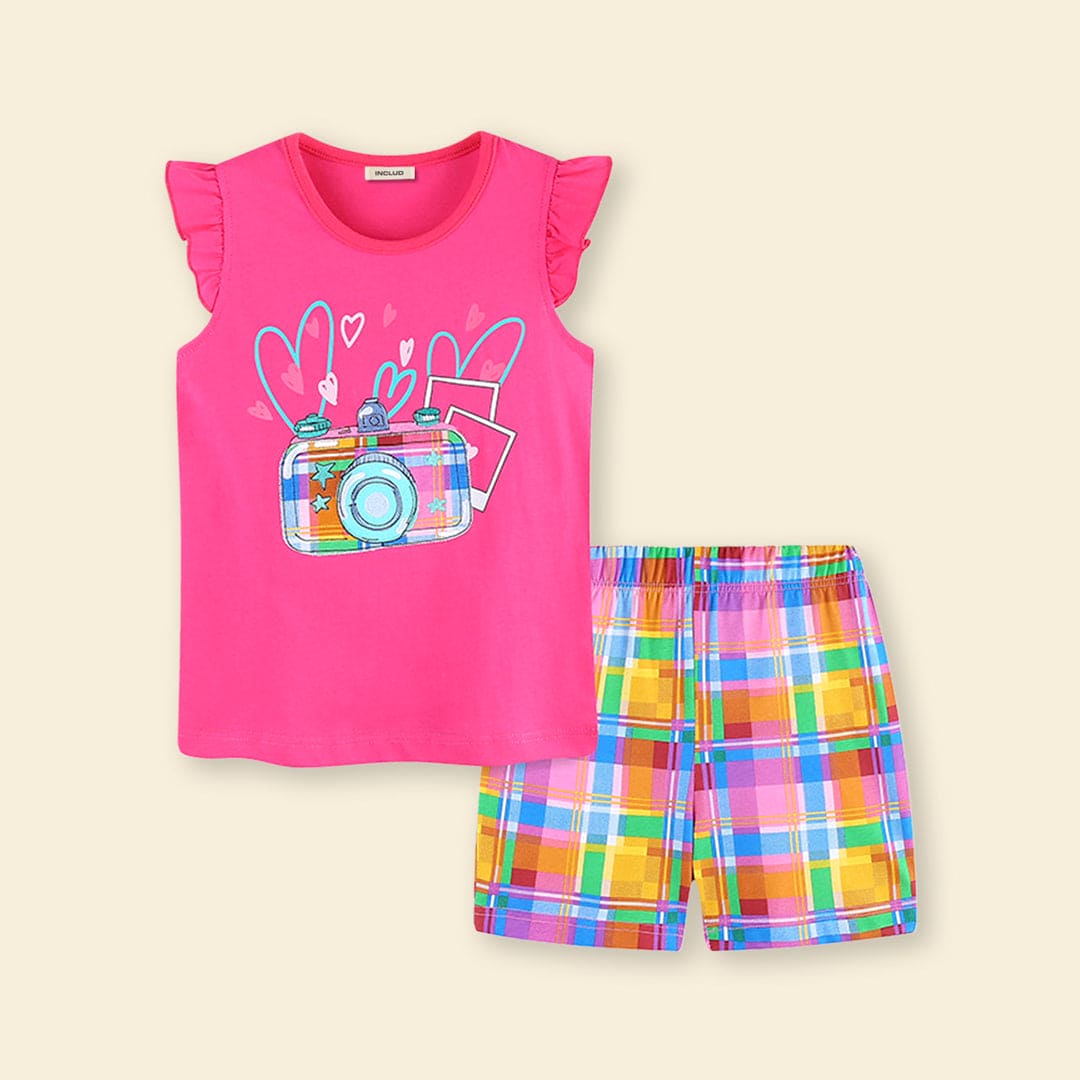 Girls Camera Graphic Top With Checked Shorts 2 pc. Sets   