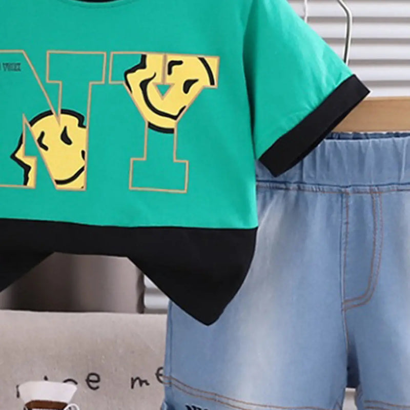 Boys Green Graphic Printed Short Sleeve T-Shirt With Denim Shorts Sets 2 pc. Sets