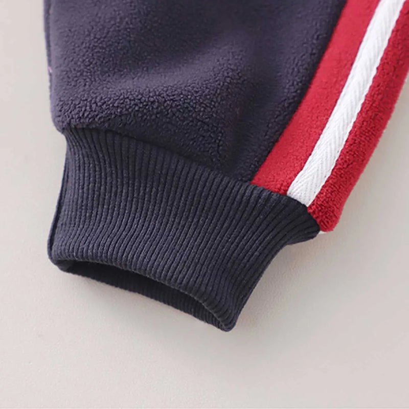 Boys Navy Blue Color-Blocked Fleece Hooded Zipper Jacket With Jogger Co-ord Sets Sets